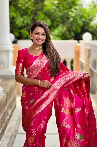 Rani pink soft Silk Blend saree with zari weaving meenakari design