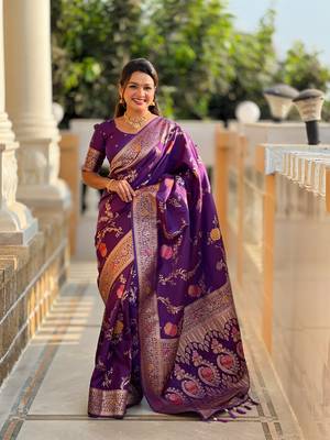 Wine soft Silk Blend saree with zari weaving meenakari design 4