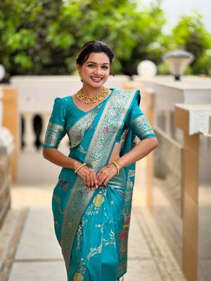Sea green soft Silk Blend saree with zari weaving meenakari design 2