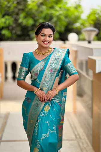 Sea green soft Silk Blend saree with zari weaving meenakari design