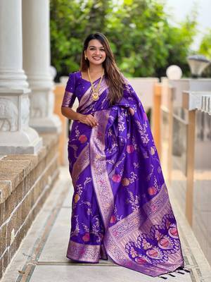 Purple soft Silk Blend saree with zari weaving meenakari design 1