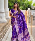 Purple soft Silk Blend saree with zari weaving meenakari design