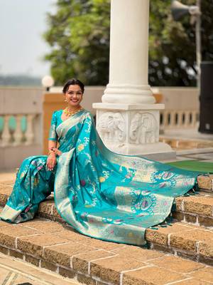 Sea green soft Silk Blend saree with zari weaving meenakari design 3