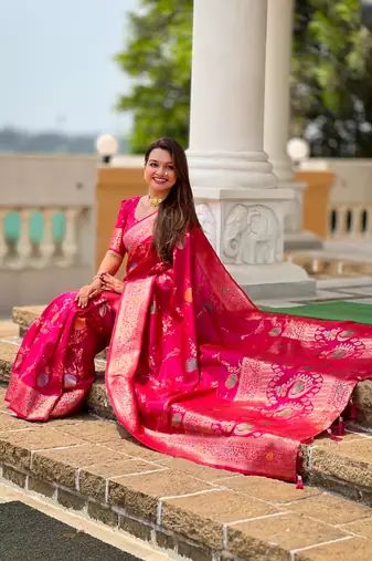 Rani pink soft Silk Blend saree with zari weaving meenakari design