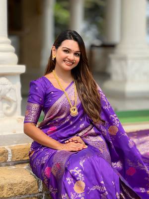 Purple soft Silk Blend saree with zari weaving meenakari design 2