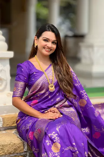 Purple soft Silk Blend saree with zari weaving meenakari design