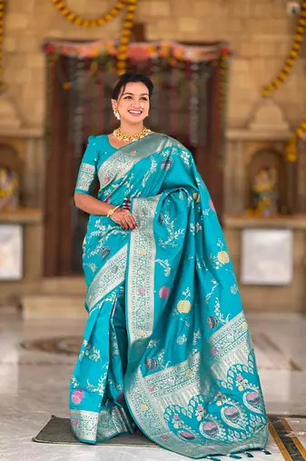 Sea green soft Silk Blend saree with zari weaving meenakari design