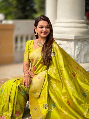 Pista green soft Silk Blend saree with zari weaving meenakari design 1