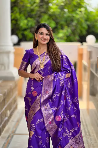 Purple soft Silk Blend saree with zari weaving meenakari design