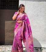 Onion pink soft Silk Blend saree with zari weaving meenakari design