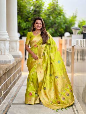 Pista green soft Silk Blend saree with zari weaving meenakari design 2