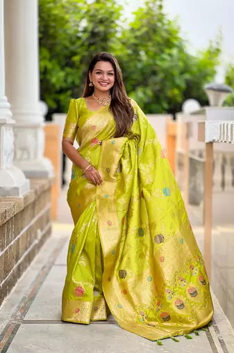 Pista green soft Silk Blend saree with zari weaving meenakari design