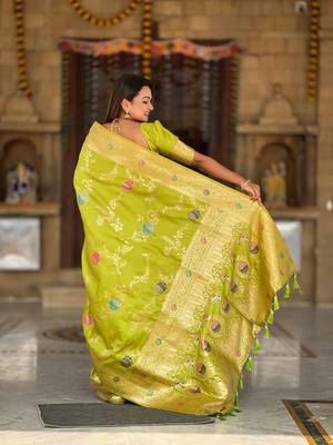 Pista green soft Silk Blend saree with zari weaving meenakari design 3