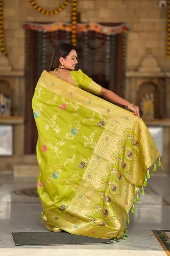 Pista green soft Silk Blend saree with zari weaving meenakari design