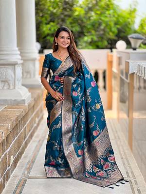 Teal soft Silk Blend saree with zari weaving meenakari design 1