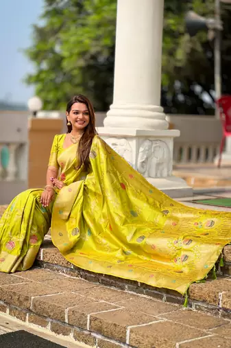 Pista green soft Silk Blend saree with zari weaving meenakari design