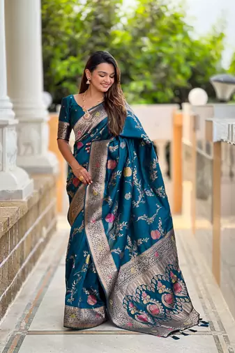 Teal soft Silk Blend saree with zari weaving meenakari design