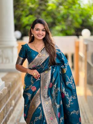 Teal soft Silk Blend saree with zari weaving meenakari design 3