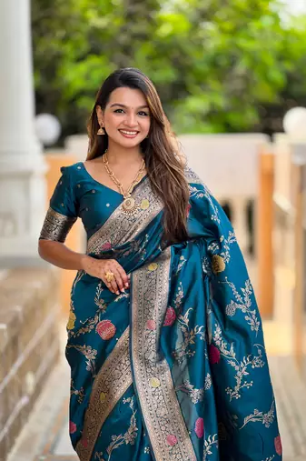 Teal soft Silk Blend saree with zari weaving meenakari design