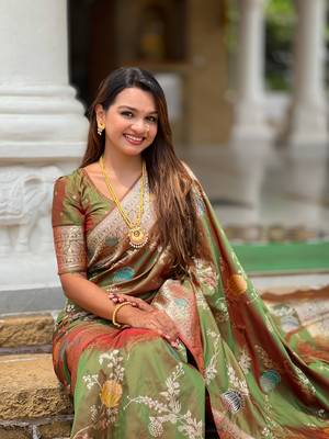 Mahendi soft Silk Blend saree with zari weaving meenakari design 2