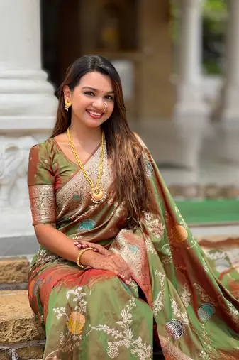 Mahendi soft Silk Blend saree with zari weaving meenakari design