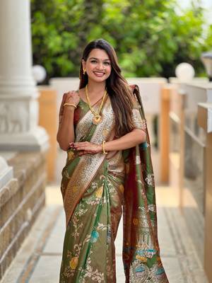 Mahendi soft Silk Blend saree with zari weaving meenakari design 3