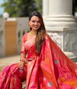 Pink soft Silk Blend saree with zari weaving meenakari design