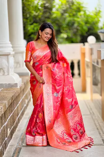 Pink soft Silk Blend saree with zari weaving meenakari design