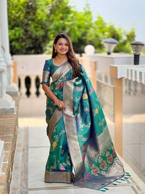 Aqua blue soft Silk Blend saree with zari weaving meenakari design 1