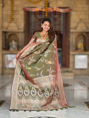 Mahendi soft Silk Blend saree with zari weaving meenakari design 4