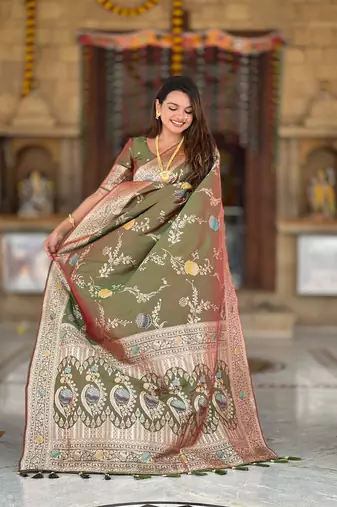 Mahendi soft Silk Blend saree with zari weaving meenakari design