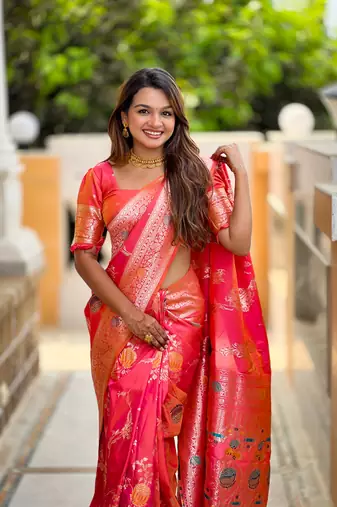Pink soft Silk Blend saree with zari weaving meenakari design