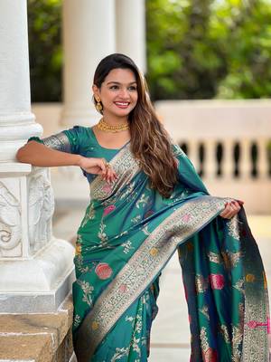 Aqua blue soft Silk Blend saree with zari weaving meenakari design 2
