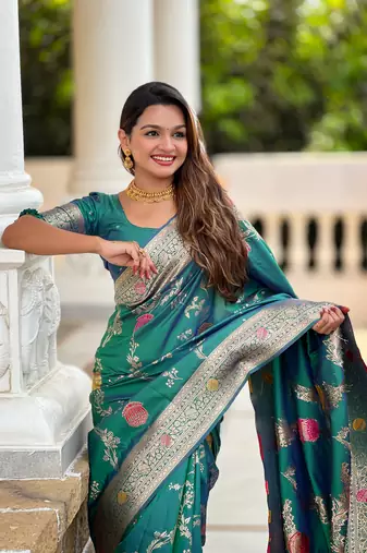Aqua blue soft Silk Blend saree with zari weaving meenakari design