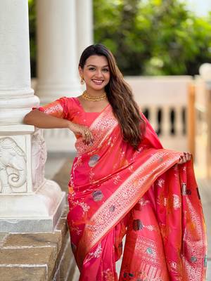 Pink soft Silk Blend saree with zari weaving meenakari design 4