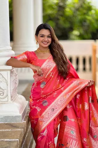 Pink soft Silk Blend saree with zari weaving meenakari design