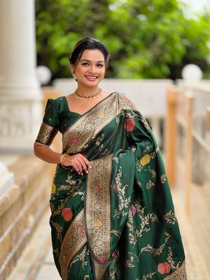 Green soft Silk Blend saree with zari weaving meenakari design 2