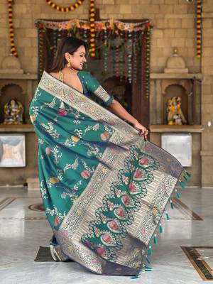 Aqua blue soft Silk Blend saree with zari weaving meenakari design 3
