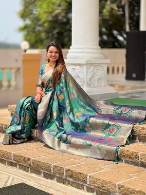 Aqua blue soft Silk Blend saree with zari weaving meenakari design 4