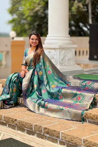 Aqua blue soft Silk Blend saree with zari weaving meenakari design