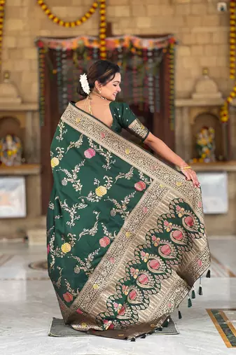 Green soft Silk Blend saree with zari weaving meenakari design