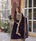 Wine faux blooming with embroidery zari sequins-work gown with dupatta