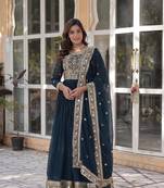 Teal faux blooming with embroidery zari sequins-work gown with dupatta