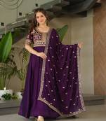 Purple vichitra silk with sequins-multi & zari embroidered work gown dupatta