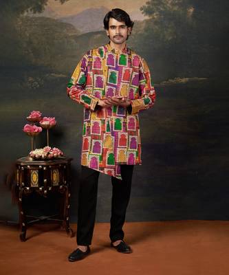 Multicolor Block Printed Silk kurta with pants 1