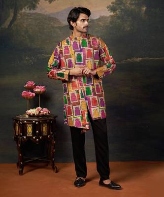 Multicolor Block Printed Silk kurta with pants 3