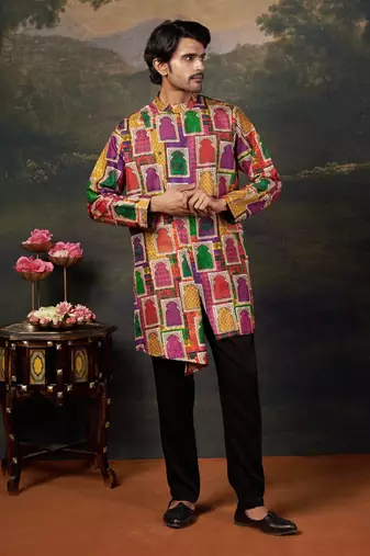 Multicolor Block Printed Silk kurta with pants