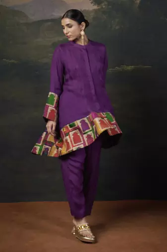 Purple Printed  Silk Kurta With Pant