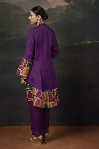 Purple Printed  Silk Kurta With Pant