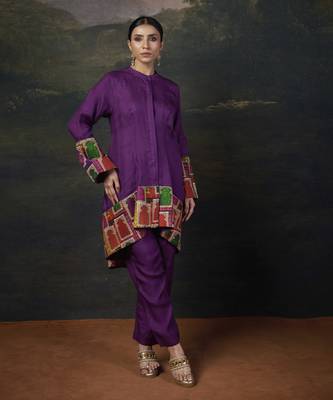 Purple Printed  Silk Kurta With Pant 5